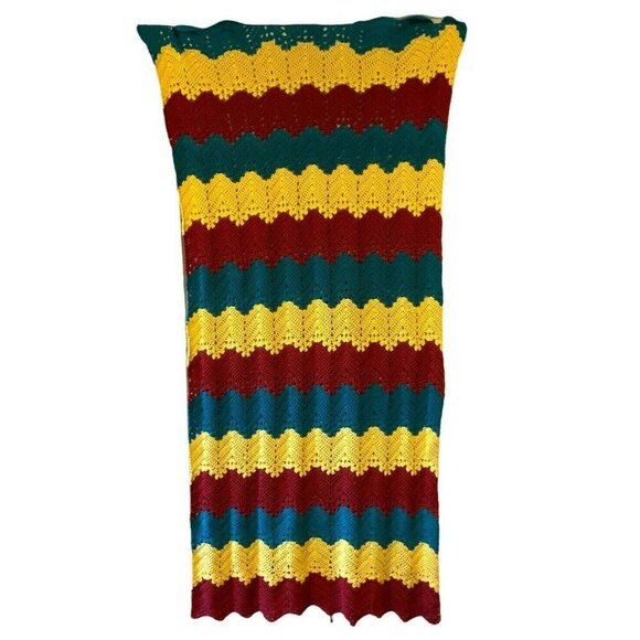 Crochet Knitted Afghan Throw Blanket Zig Zag Chevron Pattern Red Yellow Teal - Picture 4 of 4